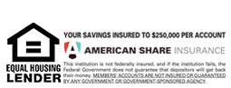 Equal Housing Lender. Your savings insured to $250,000 per account by American Share Insurance.